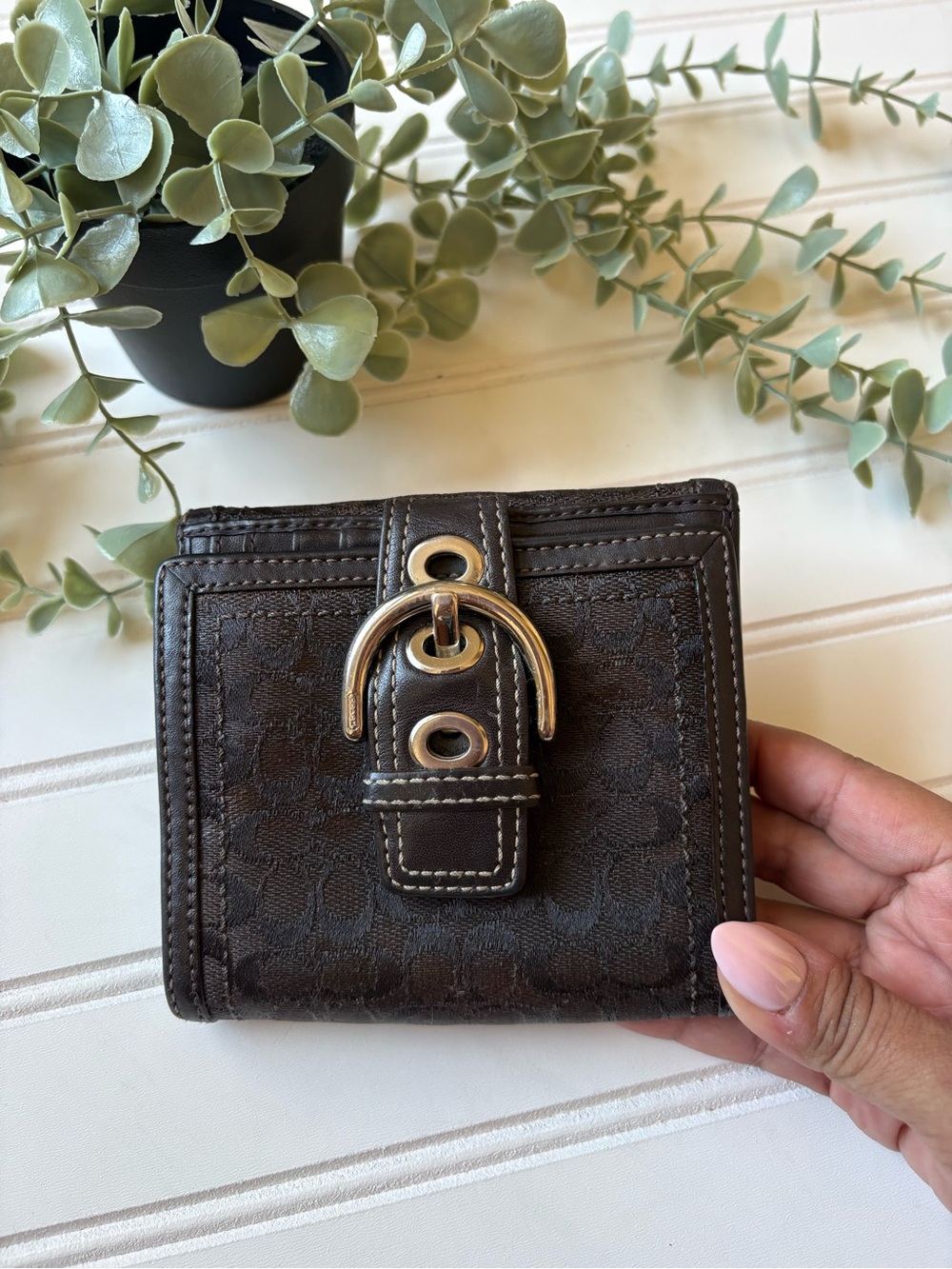 Coach Dark Brown Signature Card Holder with Buckle Accent